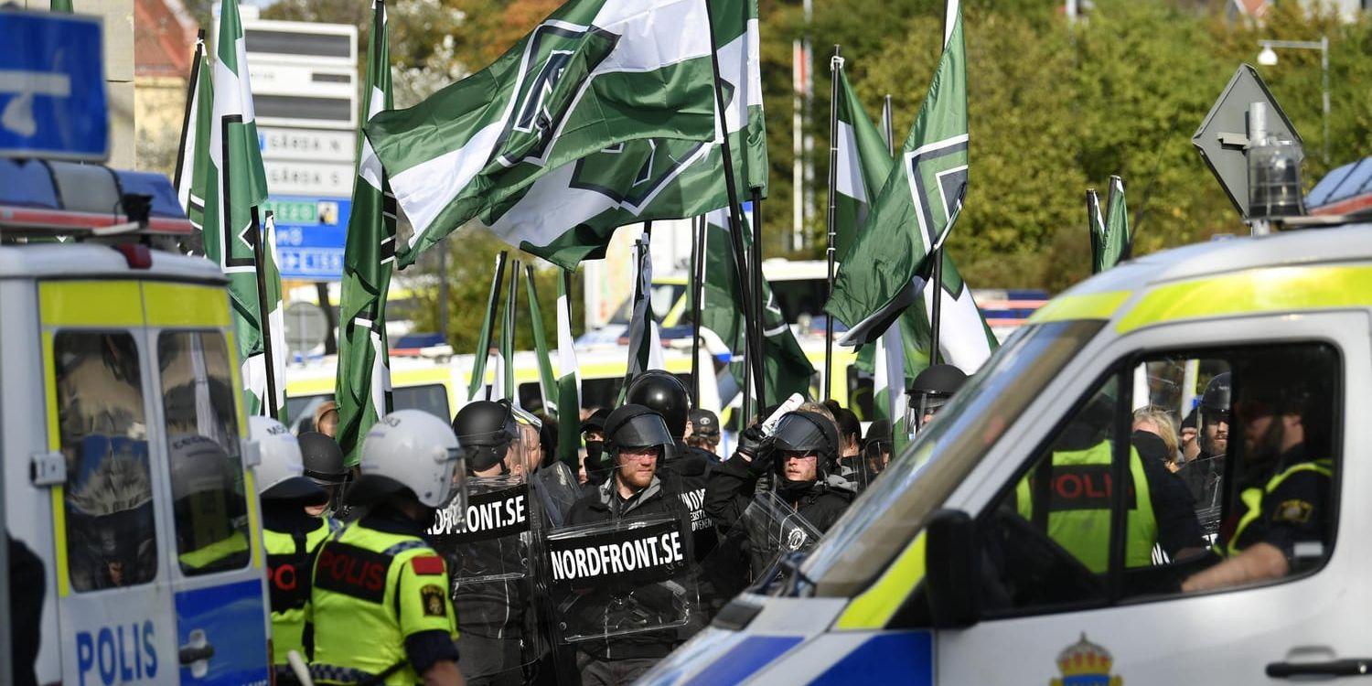 Nordiska motståndsrörelsens (NMR) demonstration förra lördagen på Sten Sturegatan i Göteborg. (Arkivbild).