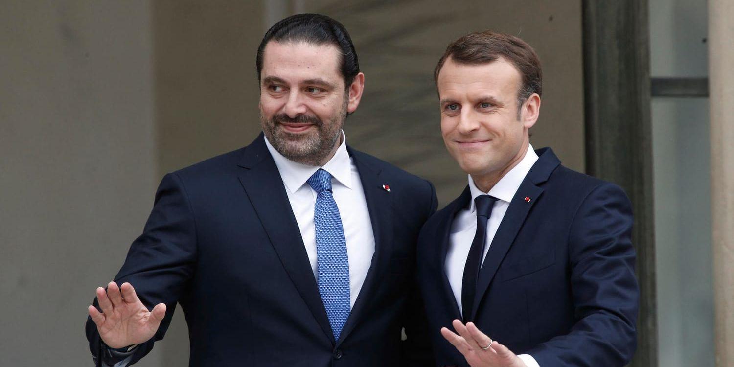 Libanons premiärminister Saad al-Hariri tillsammans med franske presidenten Emmanuel Macron på lördagen.
