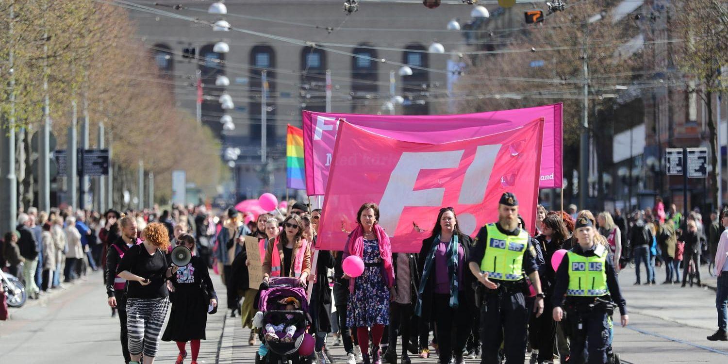 Feministiskt Initiativ i Sverige – här på förstamajdemonstration i Göteborg tidigare i år. Arkivbild.