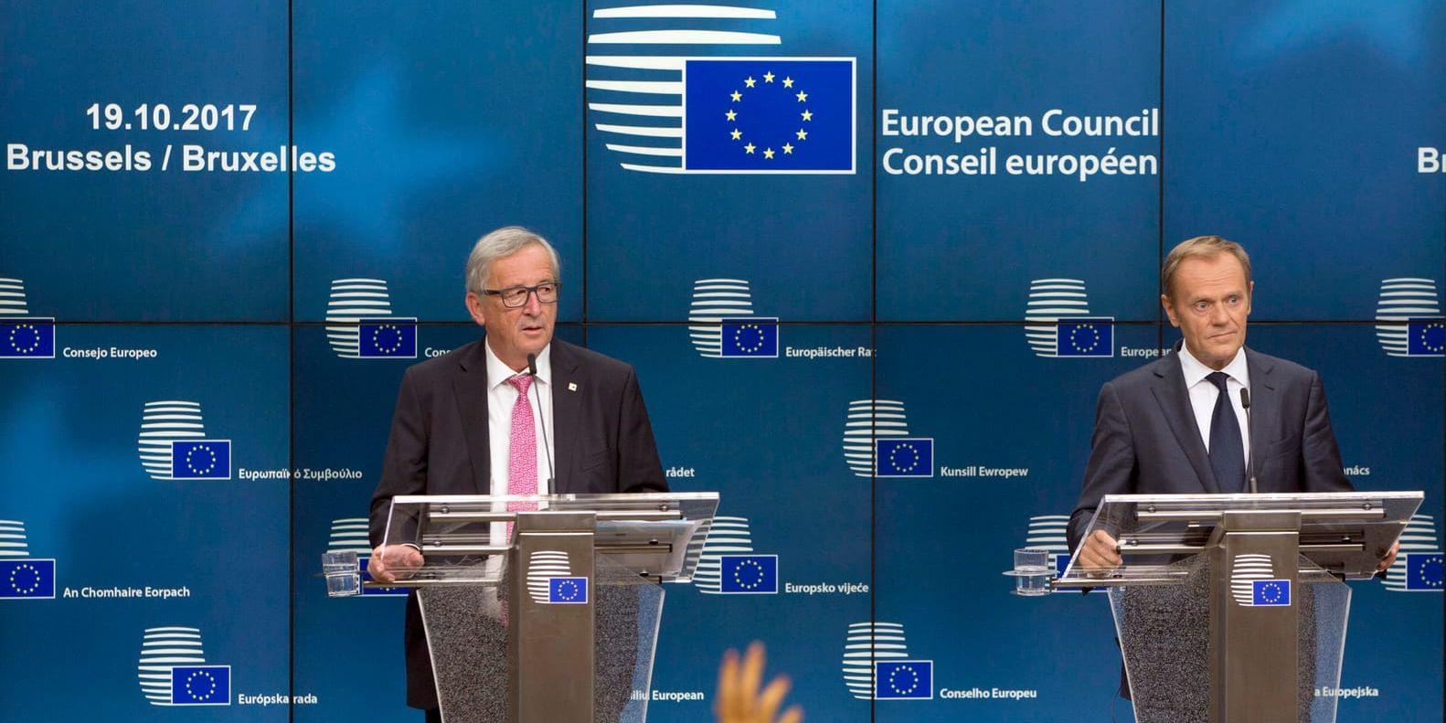 EU-kommissionens ordförande Jean-Claude Juncker (till vänster) och EU:s permanente rådsordförande Donald Tusk hoppas att enighet ska vara uppnådd i den segslitna asyl- och migrationsfrågan till våren.