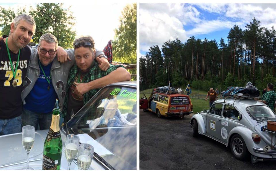 Jonas Nordqvist från Sjuntorp, Benny Johansson från Trollhättan och Tomas Skoglund har deltagit i Carbage run, en tävling med bilar av äldre modell som åkt från Köpenhamn till Baltikum. Bilder: Privat