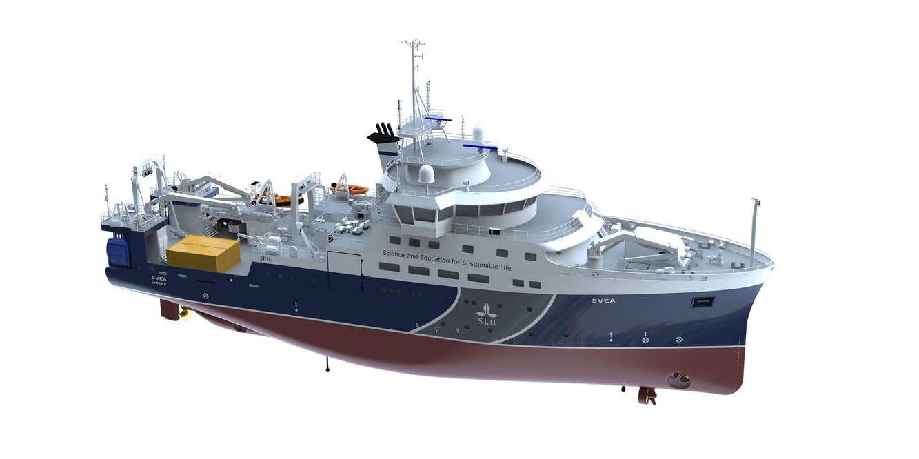 Illustration av Svea, Sveriges nya oceangående undersöknings- och forskningsfartyg, som just nu byggs på ett varv i Spanien.