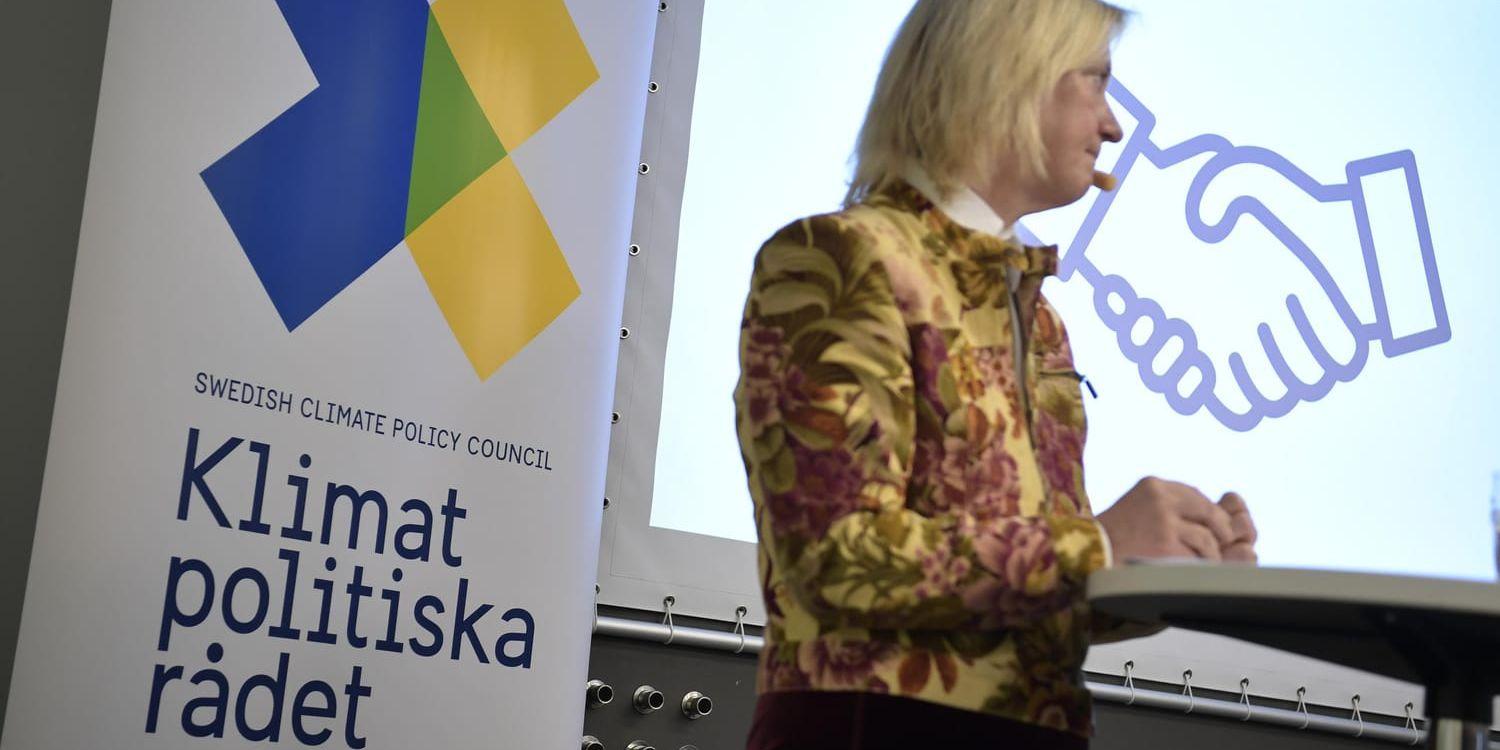 Ordföranden Ingrid Bonde presenterar Klimatpolitiska rådets rapport vid en presskonferens i World Trade Center i Stockholm på torsdagen.