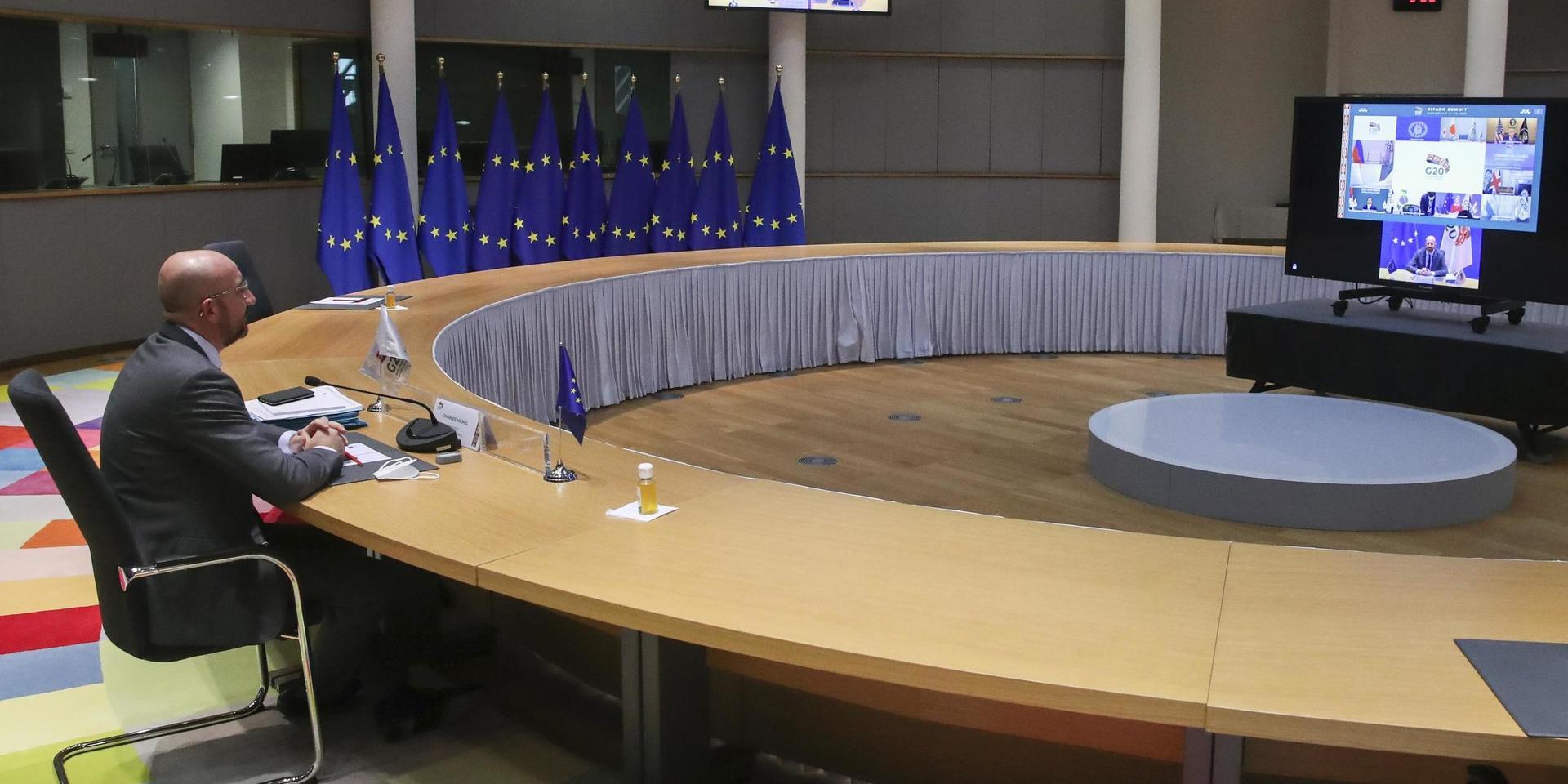 EU:s permanente rådsordförande Charles Michel vid videokonferensen.