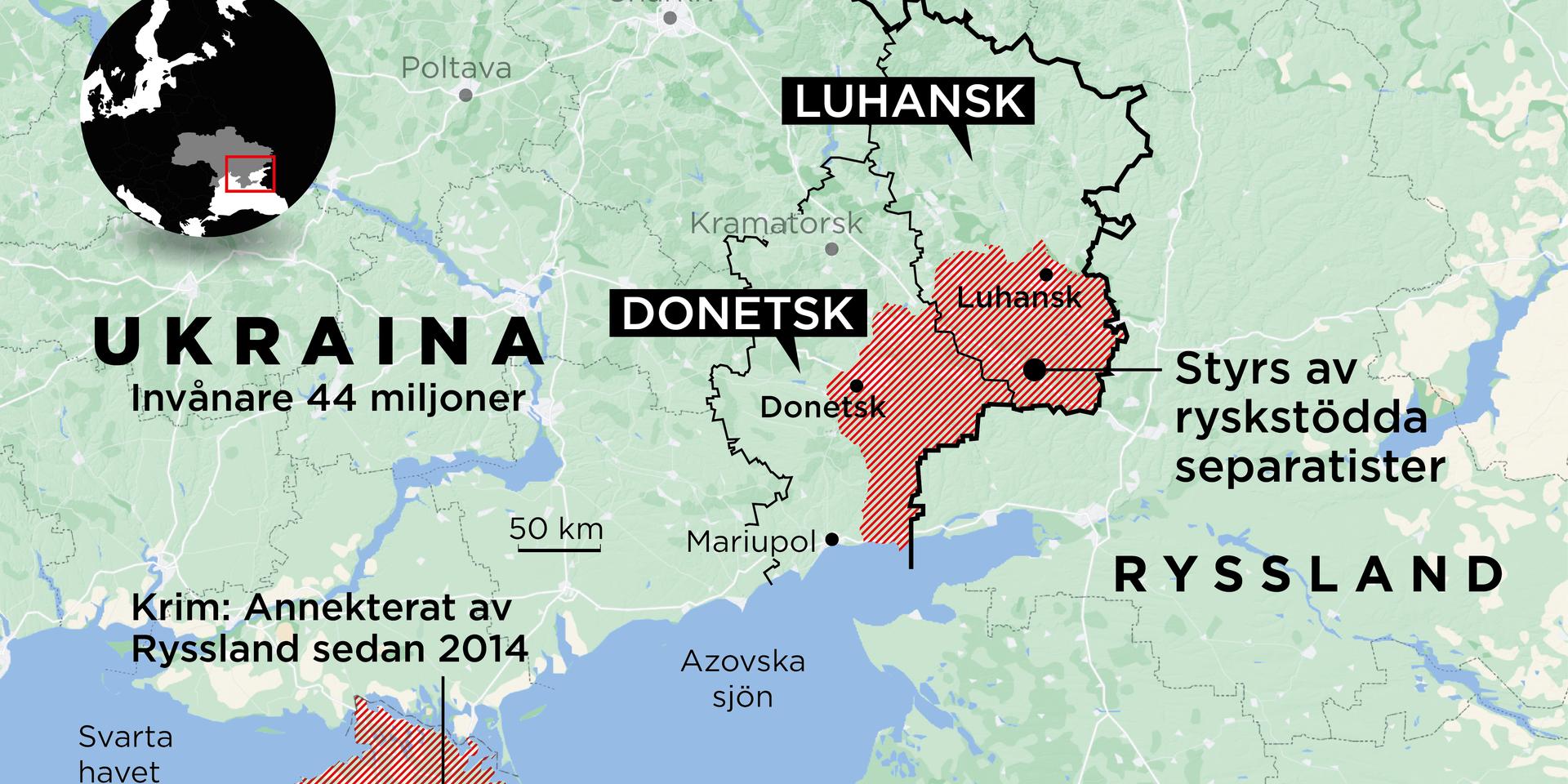 Karta över området. Voronezj, där Anna-Lena Laurén befinner sig ligger i sydvästra Ryssland, knappt 30 mil från gränsen till Luhansk.