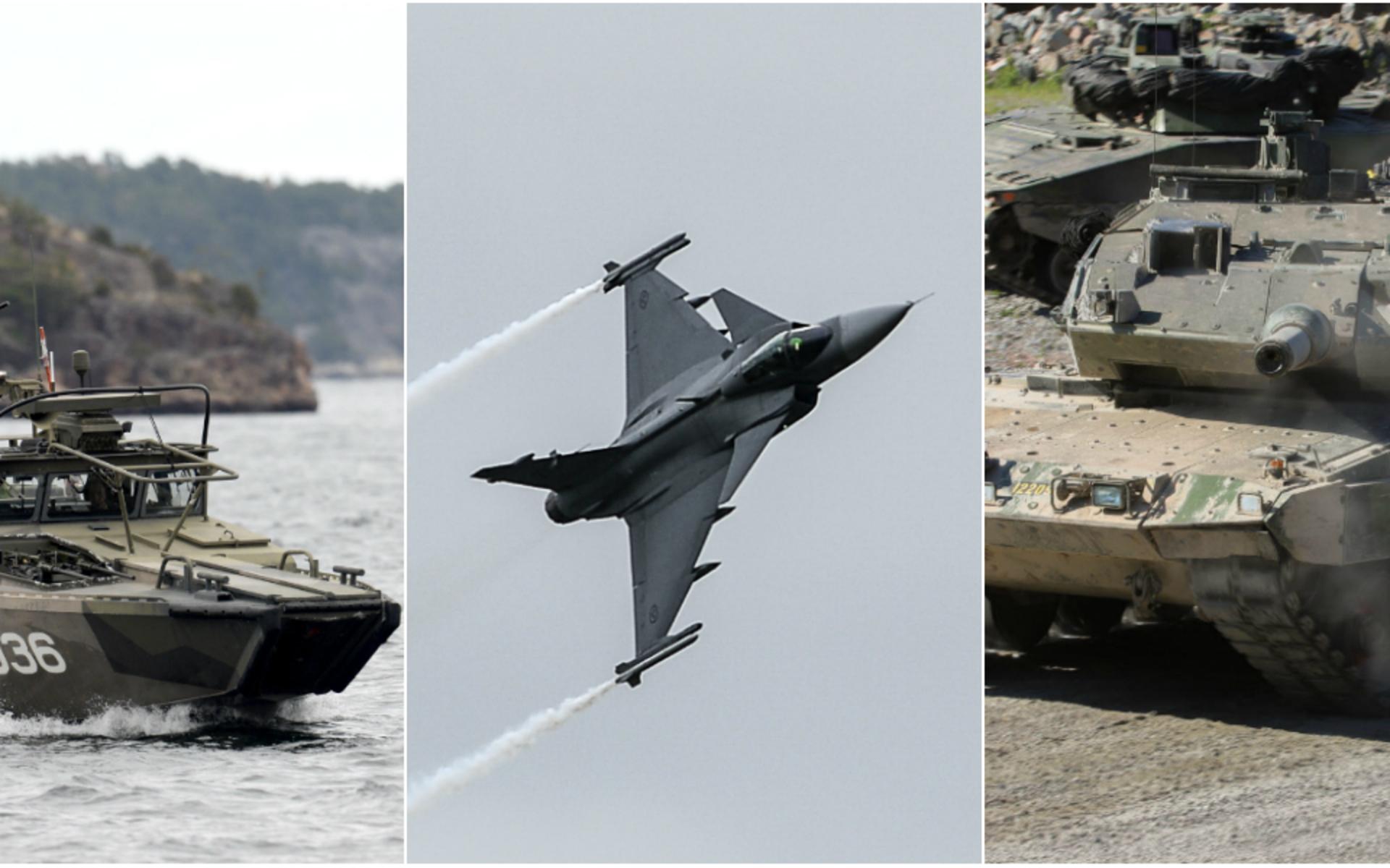 Stridsbåt 90, JAS 39 Gripen och stridsvagn 122. Bläddra för att se fler fordon, flyg, båtar och vapen som används av den svenska Försvarsmakten.