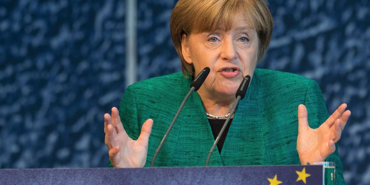 Angela Merkel vid ett tal under helgen.