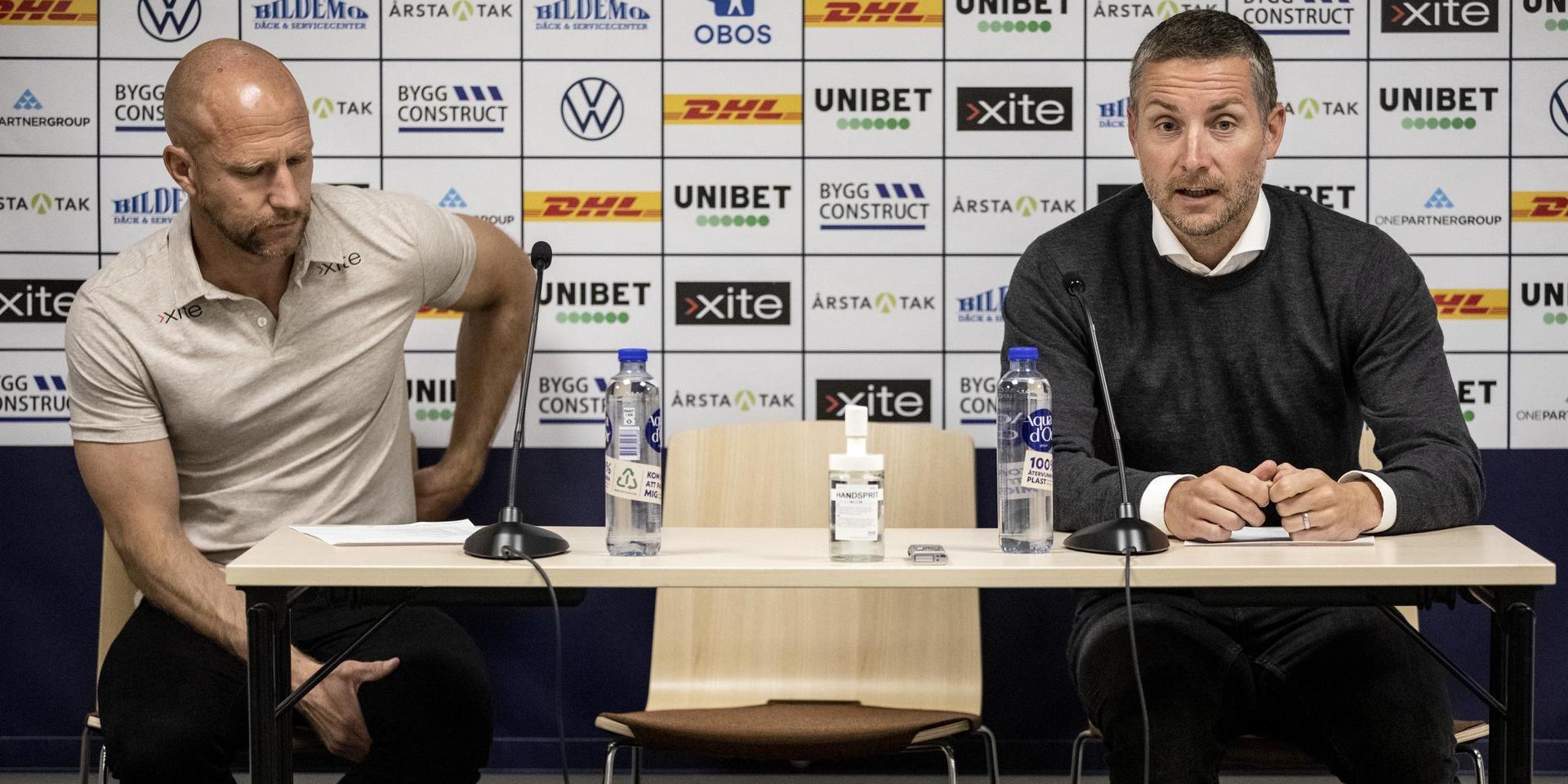 Sirius tränare Henrik Rydström och Örebros tränare Axel Kjäll under presskonferensen efter matchen.