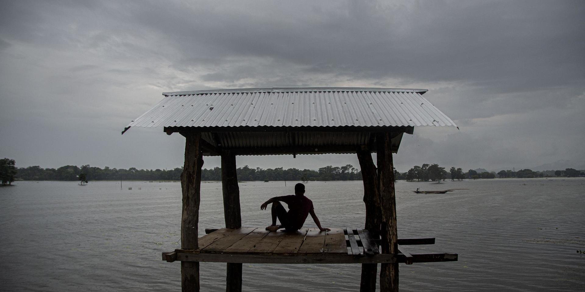 En man sitter intill översvämningen i Morigaon i Assam i Indien. Kraftiga skyfall har gjort att floden Brahmaputra som flyter genom Indien och Bangladesh svämmat över och lett till några av de värsta översvämningarna på årtionden.