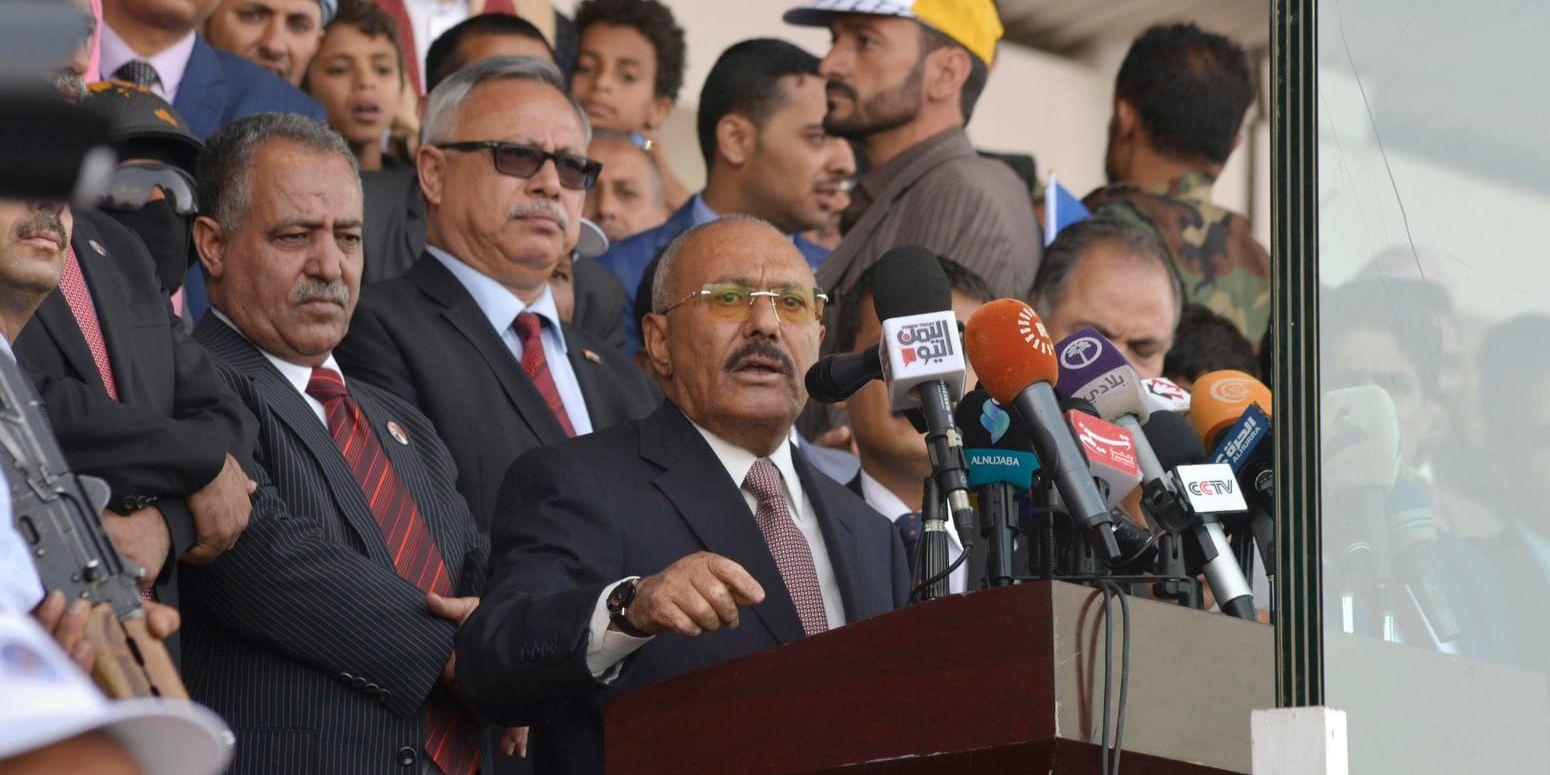 Ali Abdullah Saleh talar i Sanaa den 24 augusti. Redan då syntes sprickor i alliansen mellan hans anhängare och Huthi.