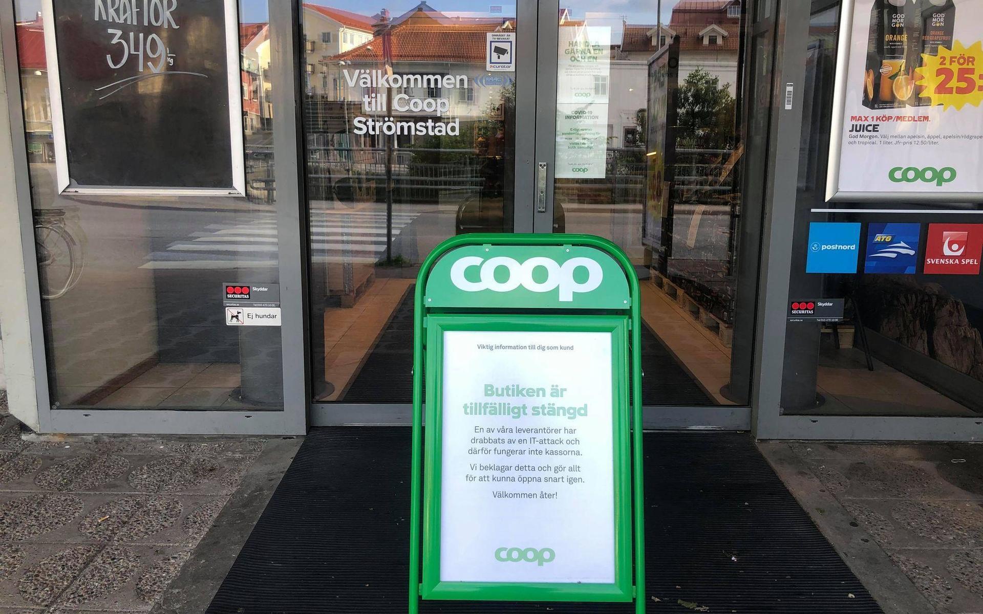 Coop Strömstad informerar kunderna om att butiken tvingas hålla stängt. 