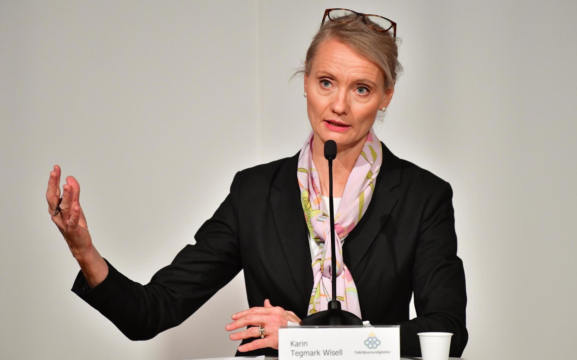 Karin Tegmark Wisell, avdelningschef, medverkar på Folkhälsomyndighetens presskonferens.