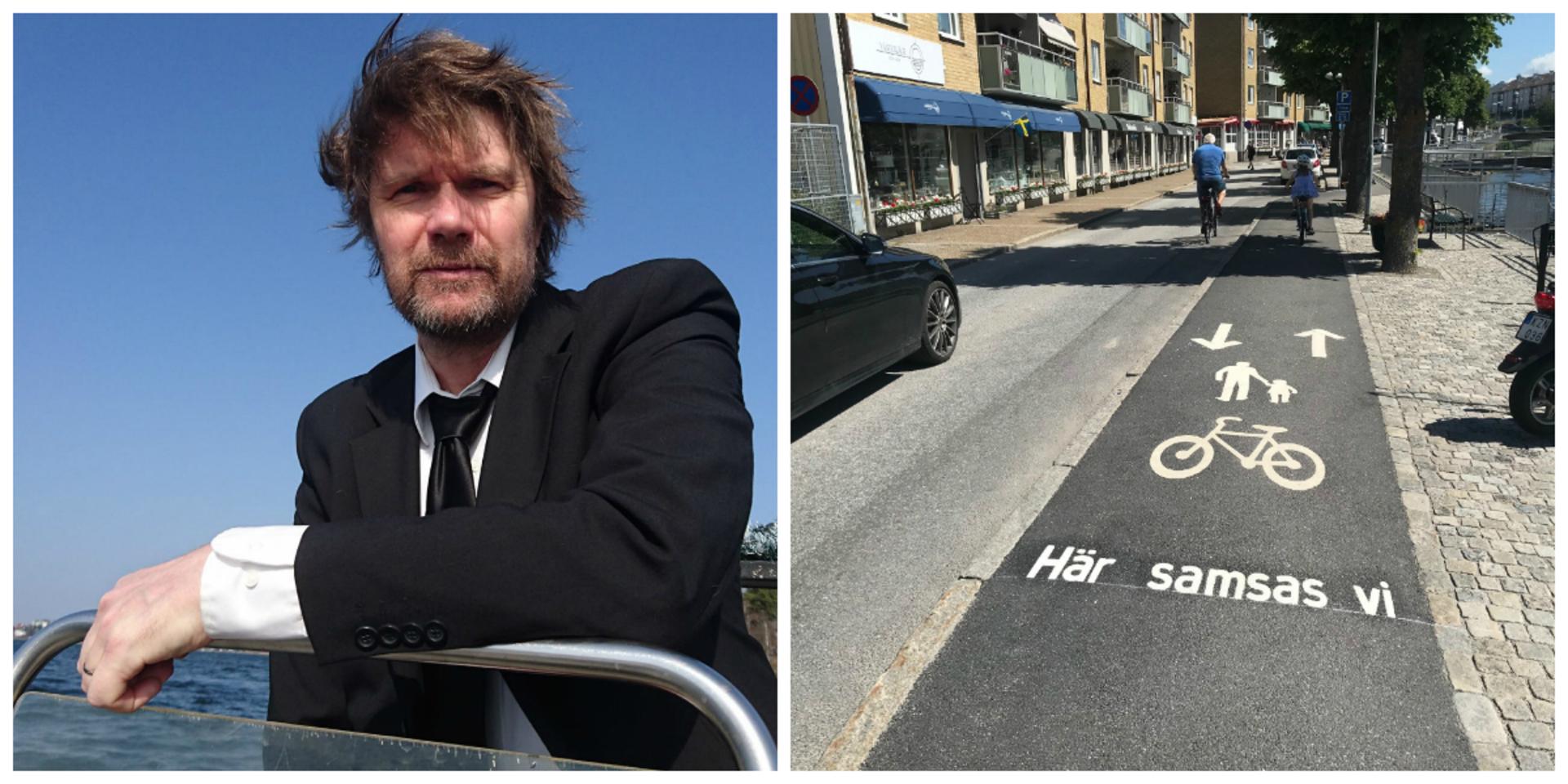 Jan Wogel riktar kritik mot Strömstads sätt att blanda gång- och cykeltrafik - som här på Norra Hamngatan.