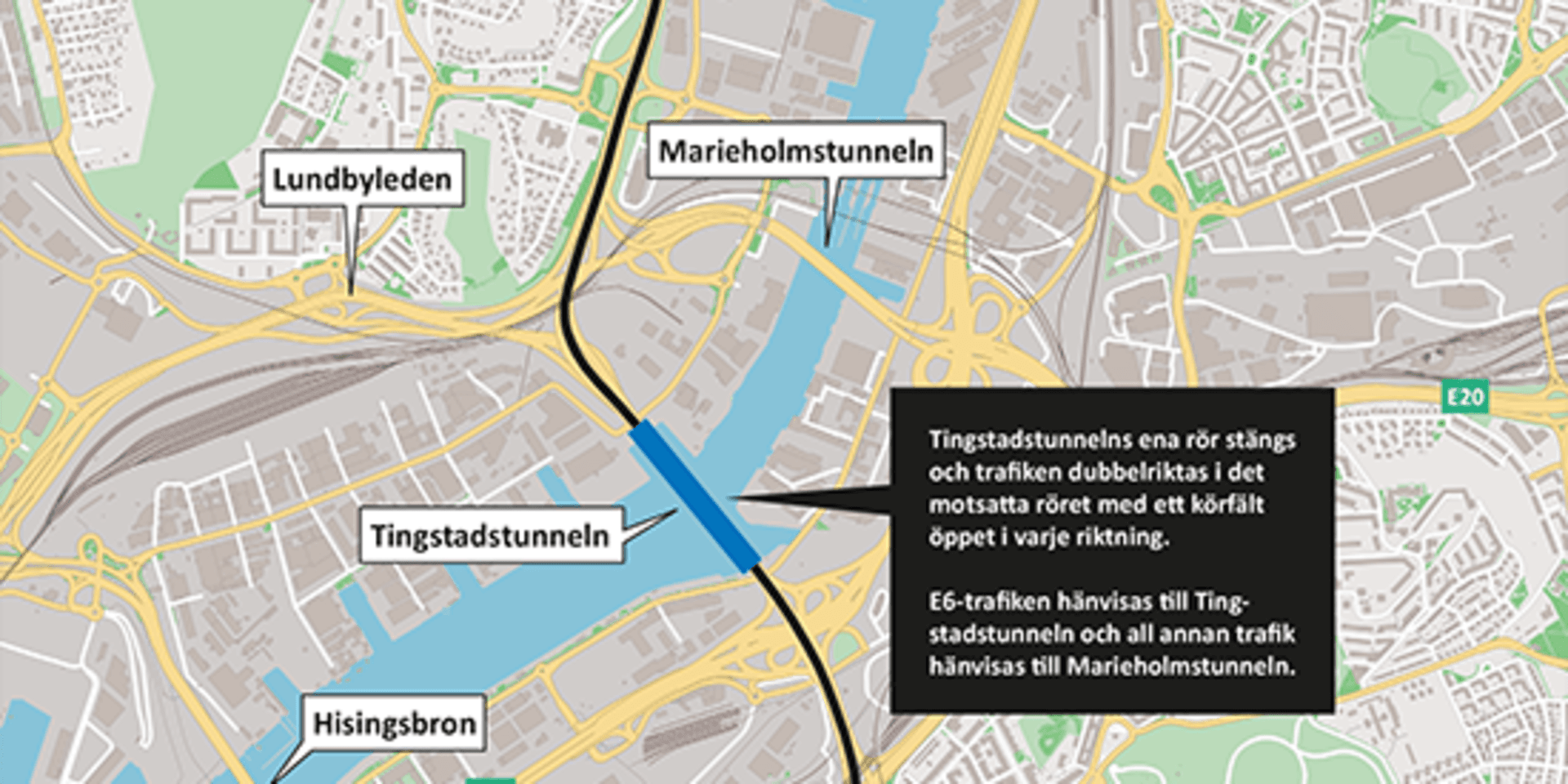 Trafiken längs E6 kommer fortfarande att köra genom Tingstadstunneln medan all trafik via Lundbyleden, E20 och E45 istället leds om till Marieholmstunneln. Den som kommer söderifrån på E6 eller från väg 40 och ska till Hisingen uppmanas därför att ta Söder-/Västerleden via Älvsborgsbron
