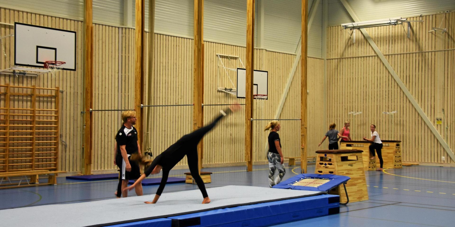 En gymnast står på händer på en matta